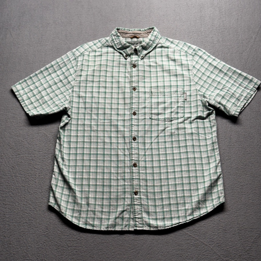 Woolrich Men Large Green Plaid Shirt Short Sleeve Cotton Button Down 6391 Pocket